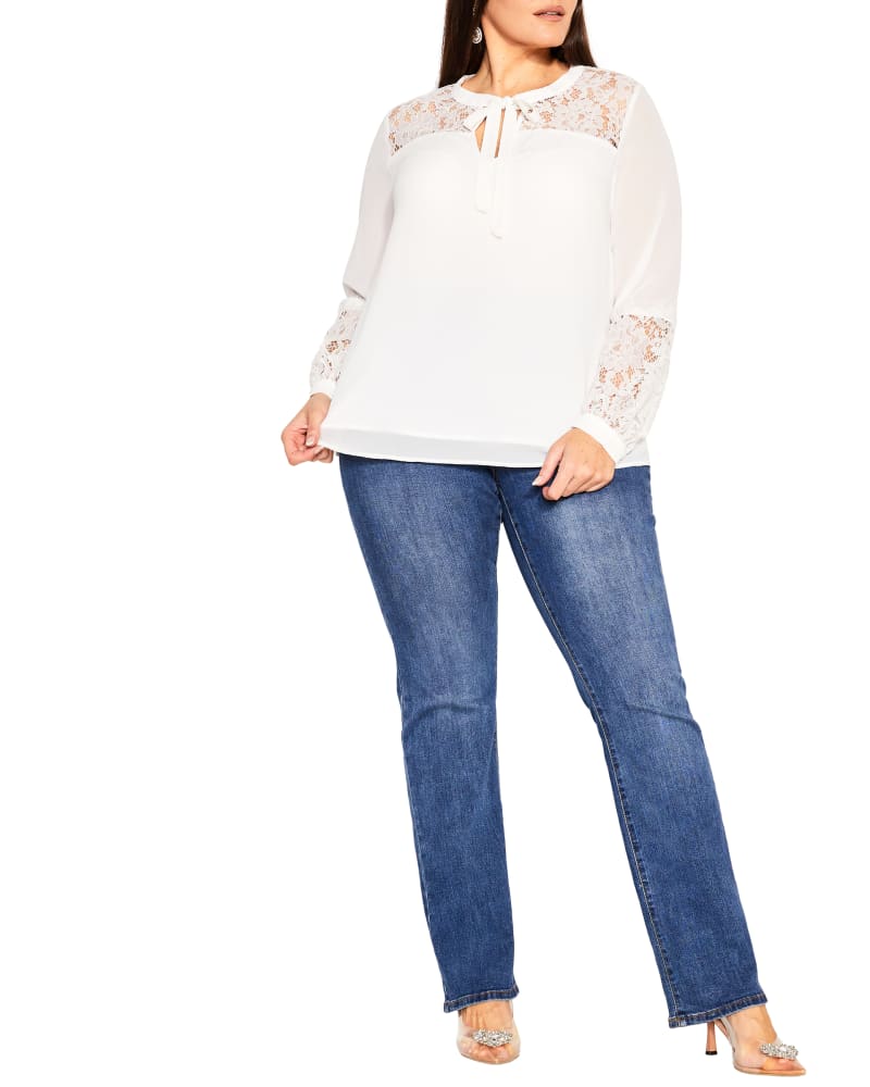 Front of a model wearing a size XL Mysterious Lace Top in Ivory by City Chic. | dia_product_style_image_id:320499